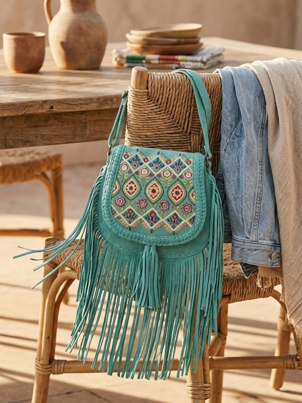 Myra Mojave Meadow Jade Turquoise Tulles BohoLeather Bag in Turquoise - Picture 7 of 8